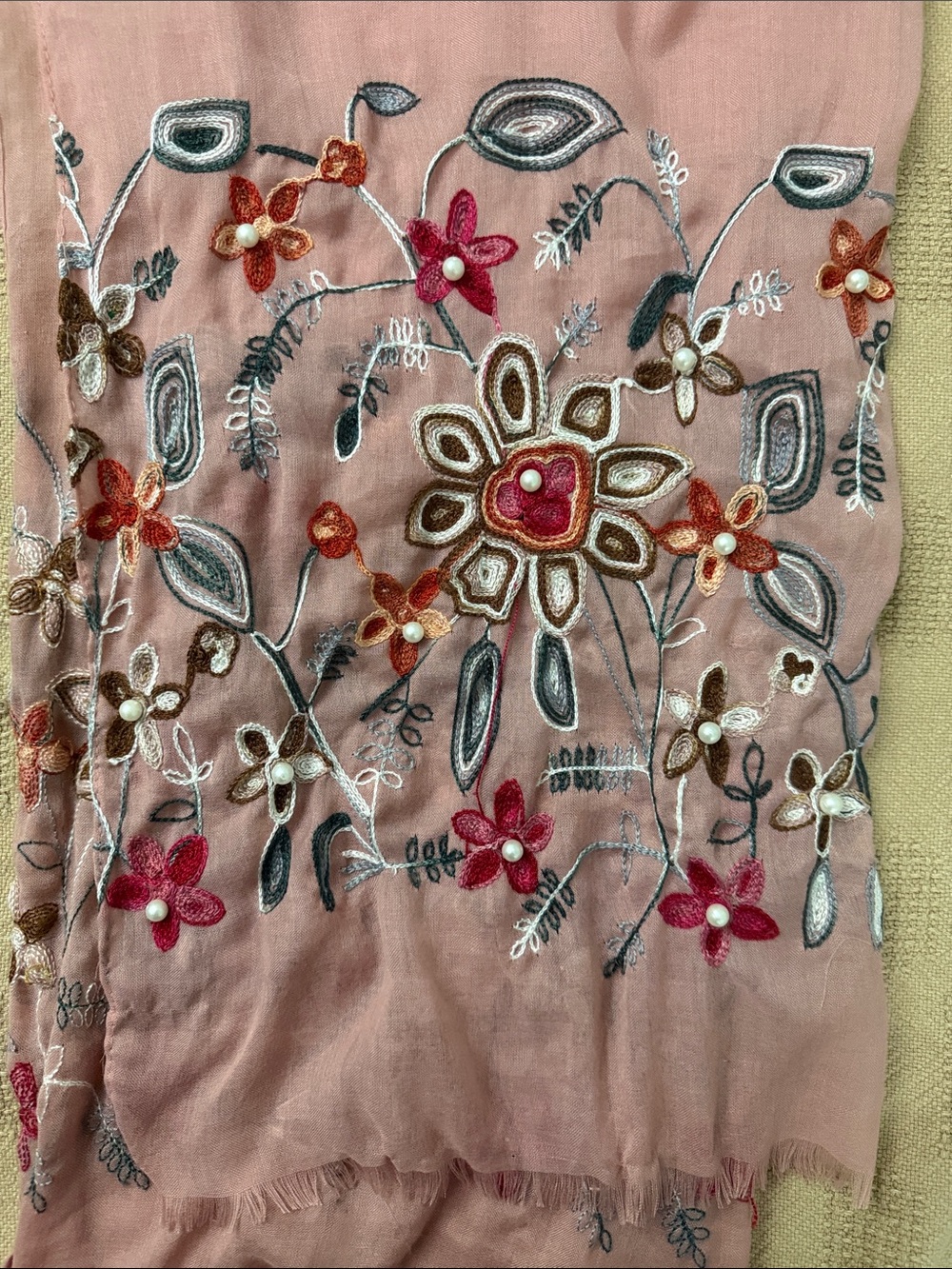 Embroidered Floral Pink Scarf & Wrap